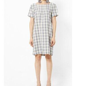 M&S Collection Navy & White Plaid Cotton & Linen Pintuck Dress Women's Size 14